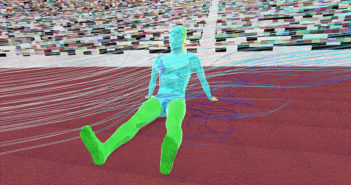 A simulation of an athlete sat on a running track