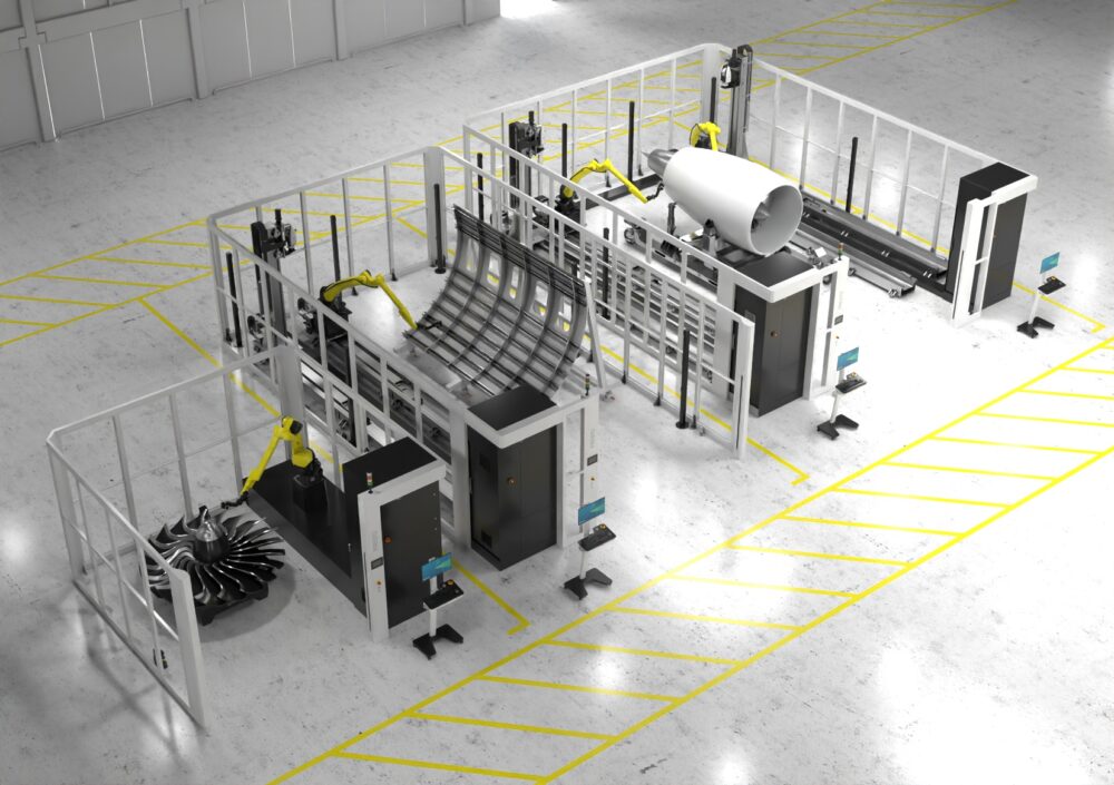 Robotic metrology cell with aeroplane parts being measured